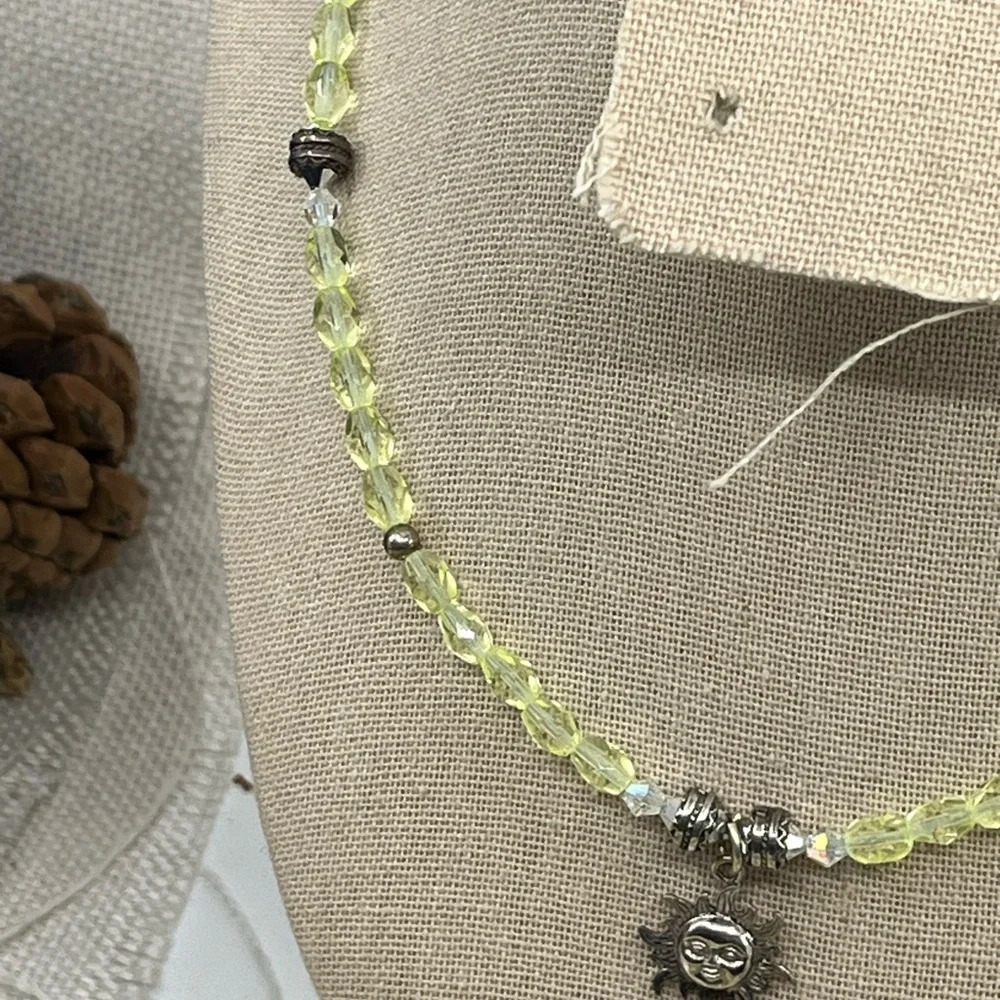 Vintage Handmade Silver Sun Pendant Necklace with Green Faceted Crystals - Picture 8 of 16